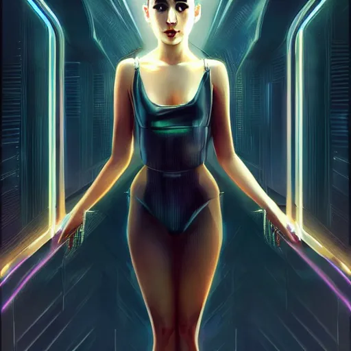 Prompt: portrait of a bladerunner art deco ariana grande with a grid of light falling on her face, sci-fi, intricate lighting, elegant noir, highly detailed, full-body-shot, digital painting, studio portrait, artstation, smooth, sharp focus, illustration, art by artgerm and greg rutkowski and Charlie Bowater