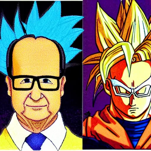 Image similar to François hollande transforming into super saiyan, drew by akira toryama