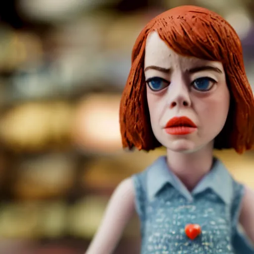 Image similar to a cinematic film still of a claymation stop motion film starring emma stone as shopkeeper, shallow depth of field, 8 0 mm, f 1. 8