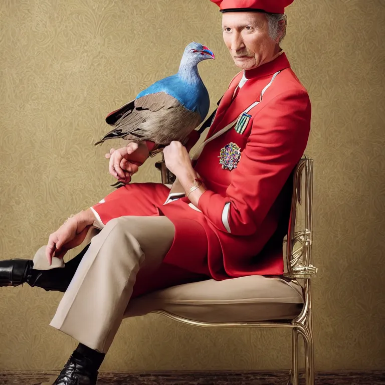 Image similar to high fashion photoshoot octane render portrait by wayne barlow and carlo crivelli and glenn fabry, a distinguished actor wearing a colorful wes anderson designed uniform and holding a pidgeon inside a high - end exotic colorful pastel vintage boutique hotel lounge, very short depth of field, bokeh