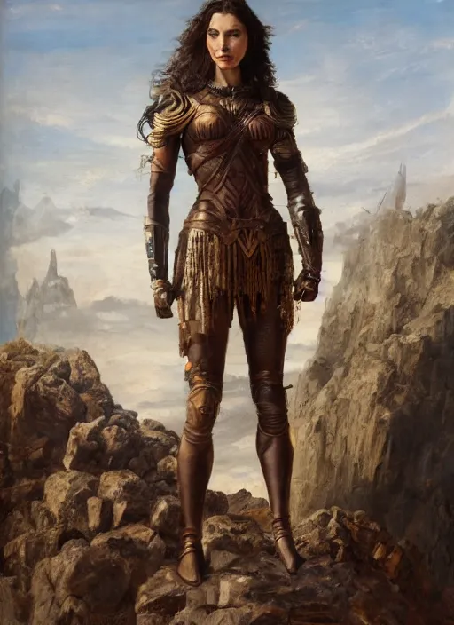 Image similar to oil painting of a highly detailed steampunk gal gadot with her hands behind the back while standing on a rock : leonardo da vinci, greg rutkowski, magali villeneuve