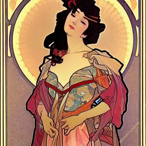 Prompt: beautiful women with oriental faces, character portrait, sharp, art by alphonse maria mucha