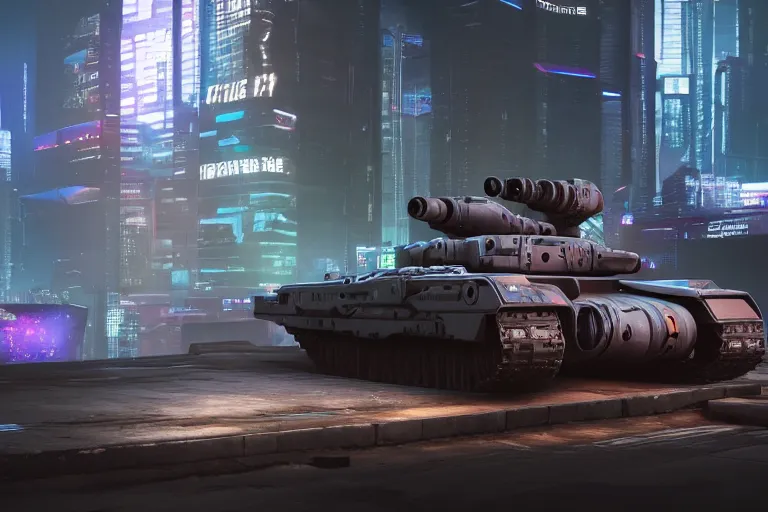 Image similar to cyberpunk concept inspired tank, futuristic look, highly detailed body, very powerful, photorealistic camera shot, bright studio setting, studio lighting, crisp quality and light reflections, unreal engine 5 quality render