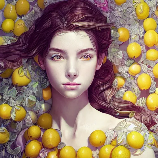 Image similar to the portrait of an absurdly beautiful, graceful, elegant, sophisticated, young girl made up of lemons, an ultrafine hyperdetailed illustration by kim jung gi, irakli nadar, intricate linework, bright colors, octopath traveler, final fantasy, unreal engine 5 highly rendered, global illumination, radiant light, detailed and intricate environment