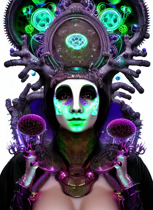 Image similar to 3 d goddess medium shot half - portrait with hyperdimensional mycorrhizal fungal implants. beautiful intricately detailed avante garde biopunk mask and alchemical retrowave sorceress outfit. glowing bio luminescent outline, storm, pulse projections, plasma, creature, artwork by tooth wu and wlop and android jones and beetle and greg rutkowsk