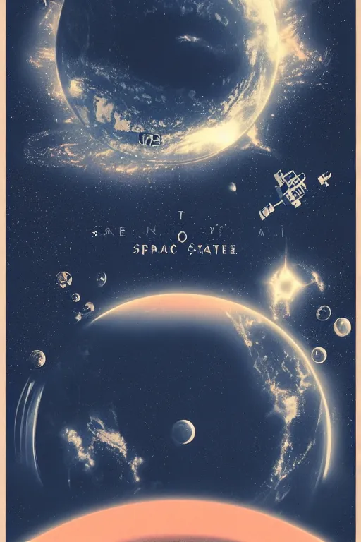 Image similar to poster of huge space station over earth, 1 9 5 0 s style, futuristic design, dark, symmetrical, washed out color, centered, art deco, 1 9 5 0's futuristic, glowing highlights, intense