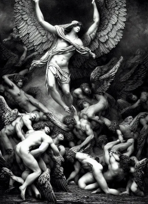 Image similar to fallen angels, epic scene, photorealistic, highly detailed, texture, soft light, dramatic, moody, ambient, painting by gustave dore