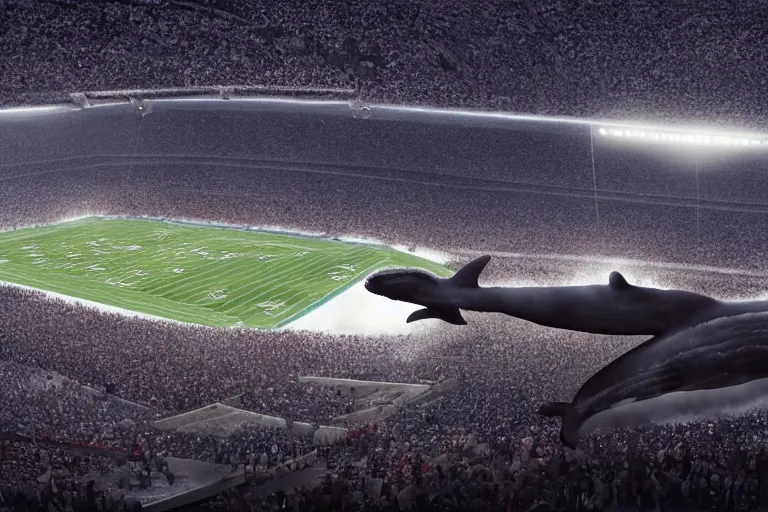 Image similar to a humpback whale flying over the NFL Super Bowl Stadium cinematic lighting by Jessica Rossier