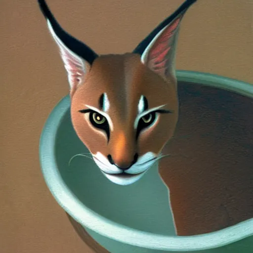 Prompt: cute caracal in bathtub, by Ralph McQuarrie