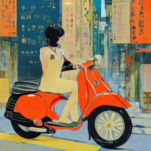 Prompt: the orange - haired vespa queen in hong kong, by amiet kuno