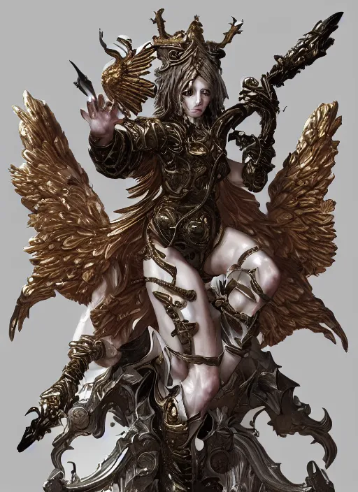 Image similar to high intricate porcelain baroque angelic warrior fighting the army of the demon lord, maria panfilova, andrea savchenko, mike kime, ludovic plouffe, qi sheng luo, oliver cook, trending on artstation