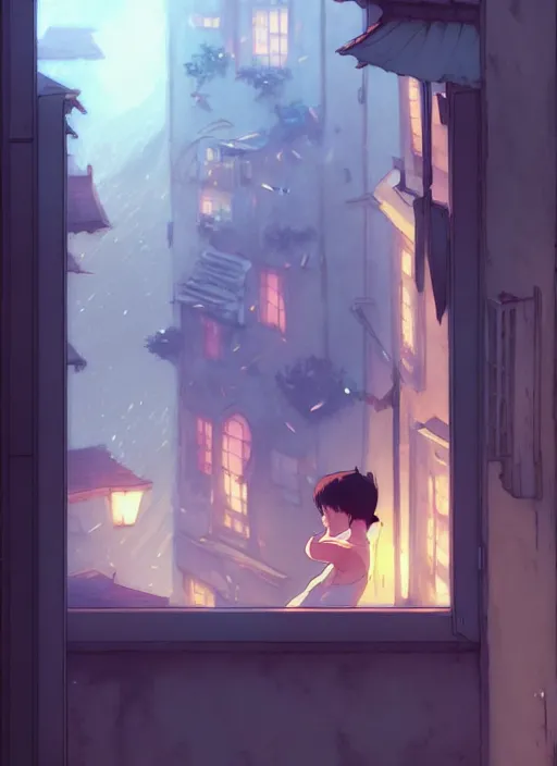 Prompt: boy kiss girl from a window where vine around. sad night, narrow street. illustration concept art anime key visual trending pixiv fanbox by wlop and greg rutkowski and makoto shinkai and studio ghibli