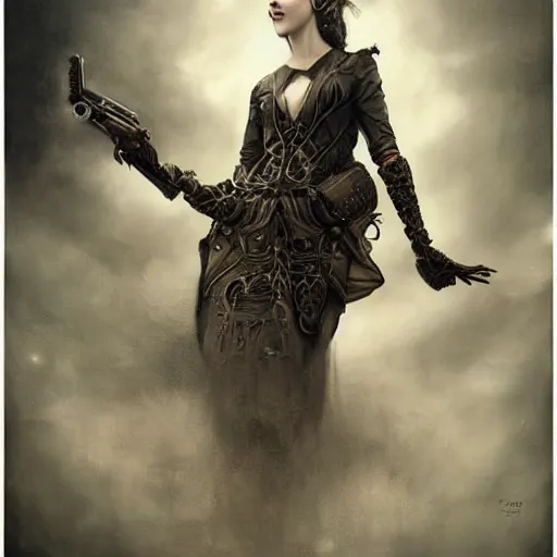 Image similar to By Tom Bagshaw, ultra realist soft painting of a beautiful steampunk gunslinger in long dress in shooting pose at a curiosity carnival by night, symmetry accurate features, very intricate details, ominous sky, black and white, volumetric light clouds