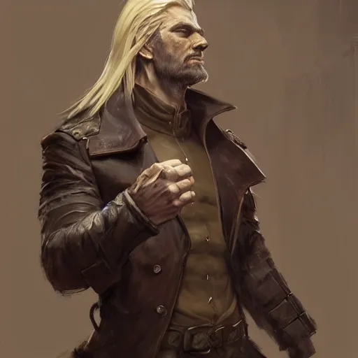 Prompt: portrait of a muscular, grim, ponytail haired blonde man in his late 30's, wearing a thick brown leather coat, looking to his side, hunter, DnD character, fantasy character, digital art by Ruan Jia, Krenz Cushart, Rossdraws and Boris Vallejo