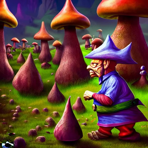 Prompt: a portrait of a scary gnomes in a poison mushroom village, highly detailed, digital photo, hdri, by christopher bretz and john carpenter, vivid colors, high contrast, 8 k resolution, intricate, photorealistic, smooth, psychedelic color scheme, concept art, award winning, cg society contest winner