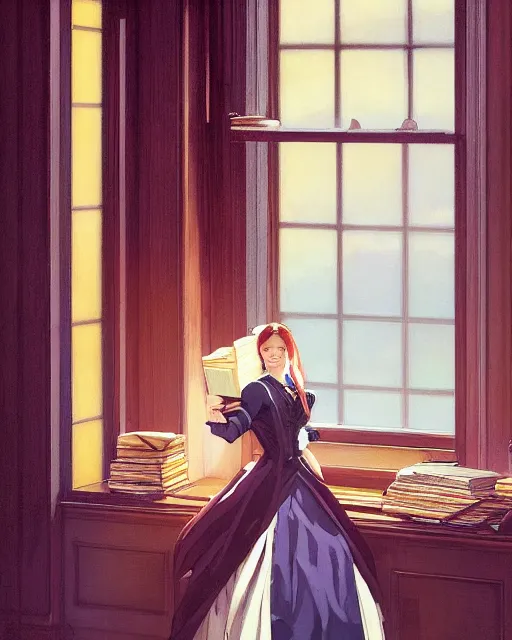 Image similar to a portrait of a victorian maid with long, flowing, auburn hair, standing in a victorian reading room, window, short bookshelf, holding a stack of books, vivid colors, soft lighting, atmospheric, cinematic, moody, in the style of Ilya Kuvshinov and Range Murata, Krenz Cushart, oil on canvas, anime, 8K