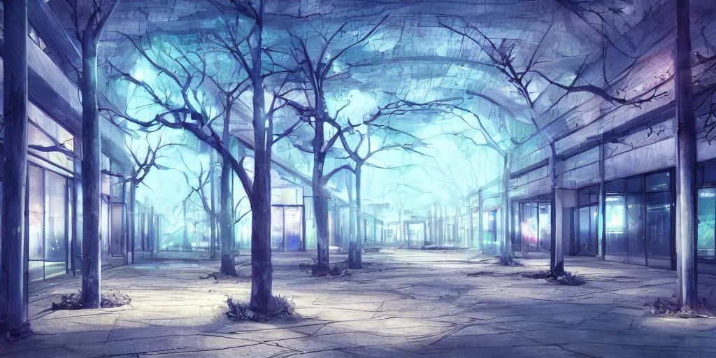 Image similar to abandoned mall at night, some decorative trees in the middle, subtle wear - and - tear, anime!, award - winning digital art