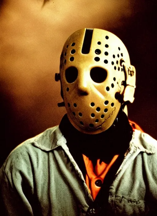 Prompt: high school year book photo of jason voorhees as a teenager looking awkward from the movie friday the 1 3 th, film shot, portrait photography, soft lighting, soft focus, ironic