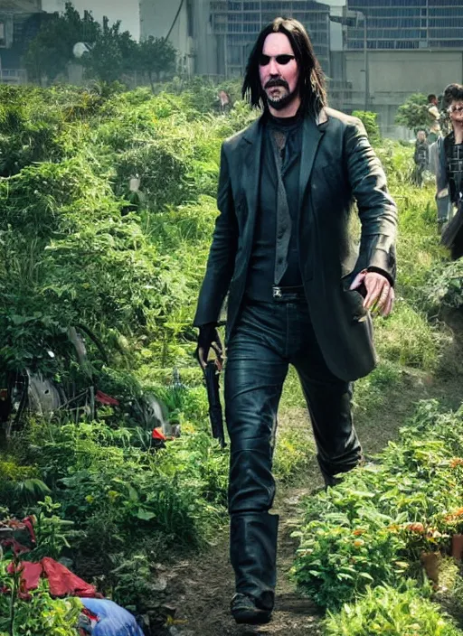 Prompt: solarpunk keanu reeves as a farmer, cyberpunk 2 0 7 7 wake up samurai, solarpunk, lots of plants, gardening, permaculture, anarchy, realistic, ultra detailed