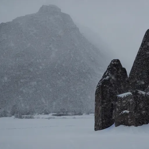 Prompt: a monolithic temple next to a snowcapped mountain. overcast sky, grainy, snowing.