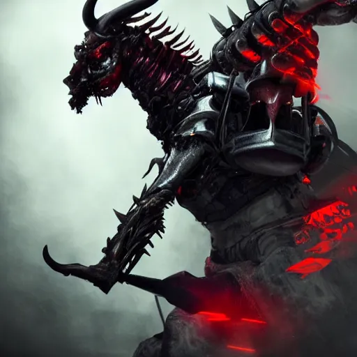 Prompt: an extremely realistic portrait of a human wearing a creepy titanium black helmet, riding on a zombie electrical horse, sharp long horns, scary, red eyes, satanic wings, trending on artstation, heroic pose, highly detailed, 8k