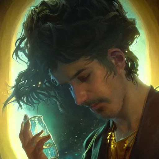 Image similar to man holding he's soul in a jar portrait, backlight, rim lighting, deep focus, d & d, fantasy, intricate, elegant, highly detailed, digital painting, artstation, concept art, matte, centered, sharp focus, illustration, hearthstone, art by artgerm, greg rutkowski and alphonse mucha