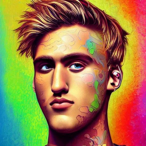 Image similar to an extremely psychedelic portrait of jake paul, surreal, lsd, face, detailed, intricate, elegant, lithe, highly detailed, digital painting, artstation, concept art, smooth, sharp focus, illustration