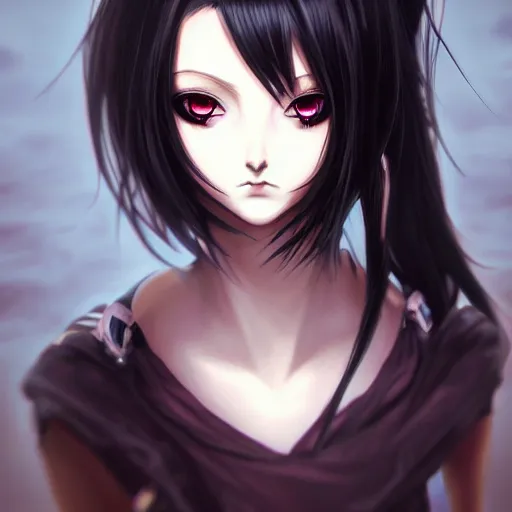 Image similar to front-facing headshot of a young gothic anime woman with black hair and golden highlights, wearing pretty makeup, drawn by WLOP, by Avetetsuya Studios, anime portrait, trending on artstation