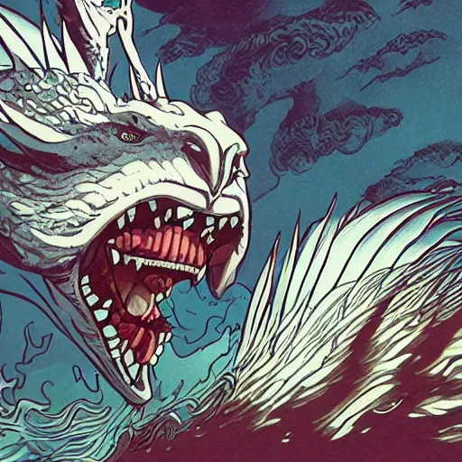 Prompt: an ancient white dragon emerges from a sailing boat, very detailed, prophet graphic novel, ilya kuvshinov, mcbess, rutkowski, simon roy wide shot, colorful, deep shadows,