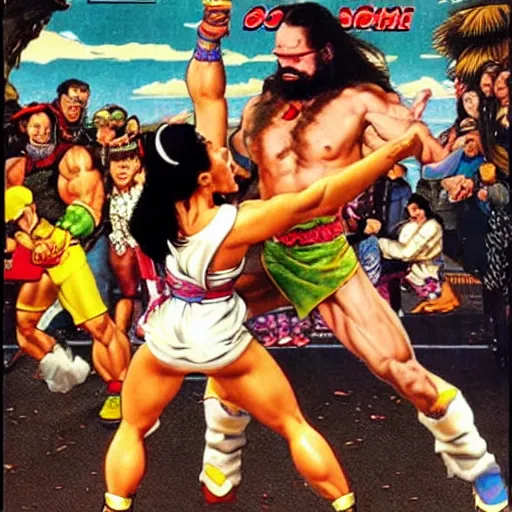 Image similar to macho man randy savage fights chun-li, norman rockwell style