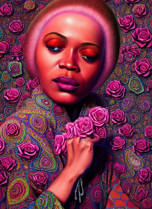 Prompt: hyper detailed 3d render like a Oil painting - James Brown aerochrome and milky Fruit and Her delicate Hands hold of diamond faceted roses, iridescent paisley patterns by Jacek Yerka, Ilya Kuvshinov, Mariusz Lewandowski, Houdini algorithmic generative render, Abstract brush strokes, Masterpiece, Edward Hopper and James Gilleard, Zdzislaw Beksinski, Mark Ryden, Wolfgang Lettl, hints of Yayoi Kasuma, octane render, 8k