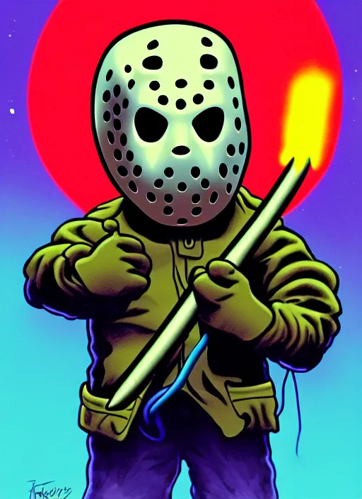 Prompt: jason voorhees!! electricity, bubble gum, highly detailed, high contrast, light reflection, trippy, nebula, trending on art station by carl barks