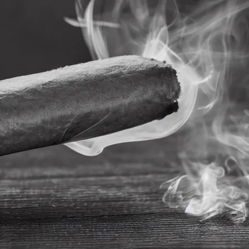 Prompt: cigar on a table, smoke slowly wafting up from the tip, black and white ultra hd