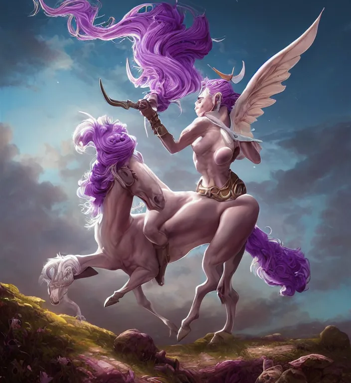 Image similar to a majestic female centaur with white wings and with a horn on the forehead and purple hair and elf ears, backlit, strong rim light, highly detailed, digital painting, by Alvaro Castagnet + Peter Mohrbacher + Dan Mumford + vivid colors + high contrast, 8k resolution, intricate, photorealistic, smooth