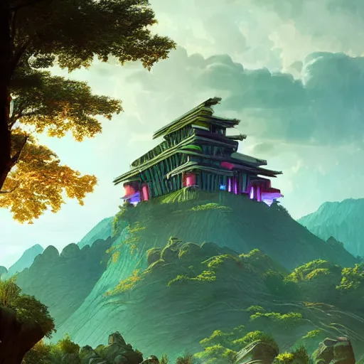 Prompt: futuristic temple carved into a mountain side, big green trees, colorful clouds, dramatic lighting, artstation, matte painting, raphael lacoste, simon stalenhag, frank lloyd wright