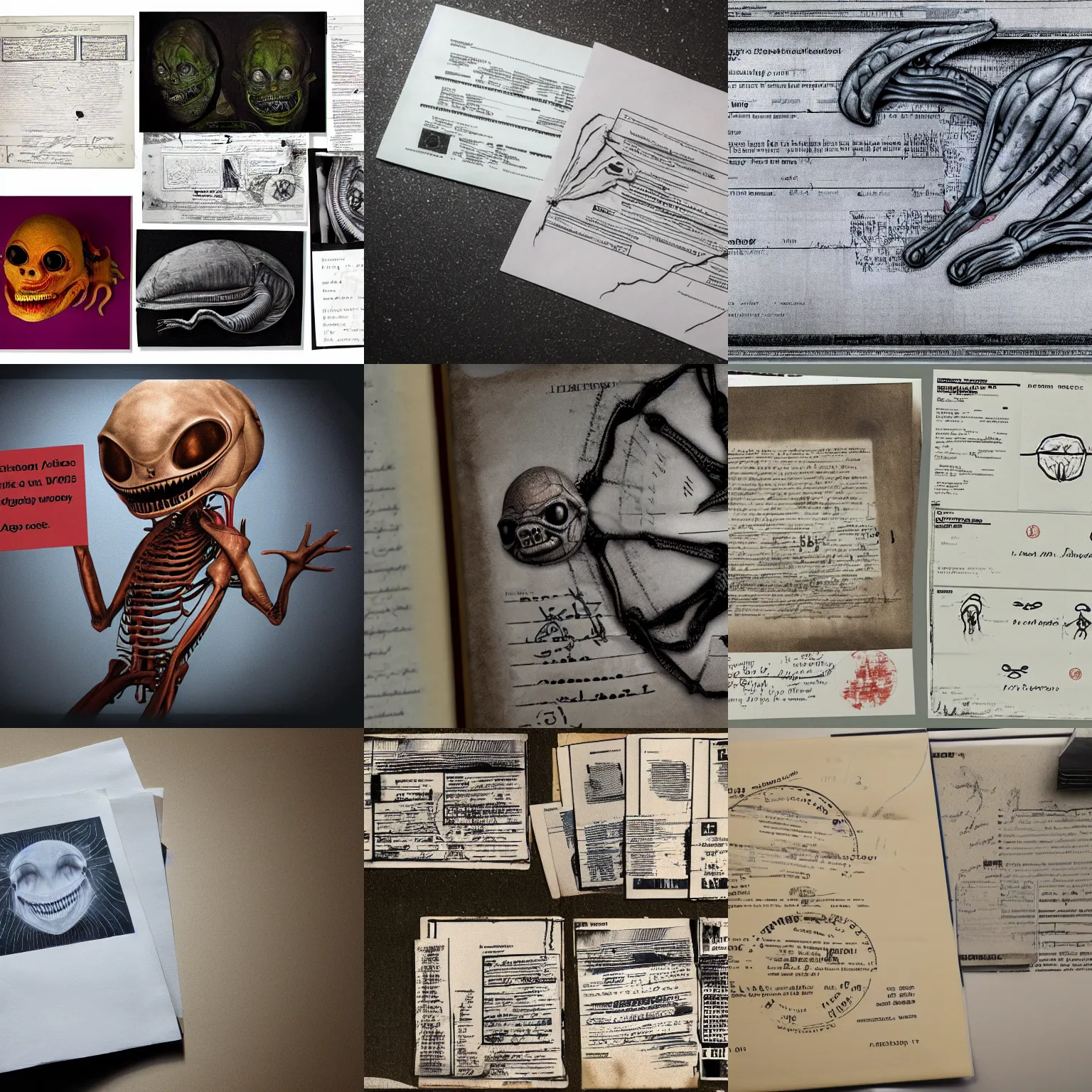 Prompt: photograph of confidential documents with some terrifying information, alien anatomy, disturbing images, HDR