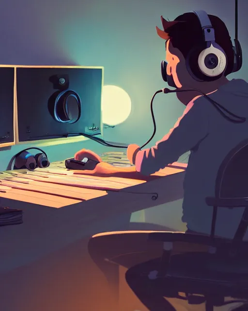 Image similar to man with headphones at his home studio producing music late at night, very detailed, 4 k, cory loftis, james gilleard, atey ghailan, makoto shinkai, goro fujita, studio ghibli, rim light, exquisite lighting, clear focus, very coherent