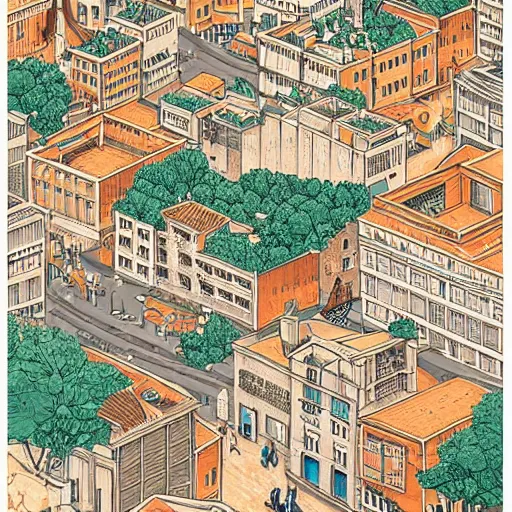 Image similar to isometric view illustration of a medieval Marseille street corner, highly detailed, mid day by Victo Ngai