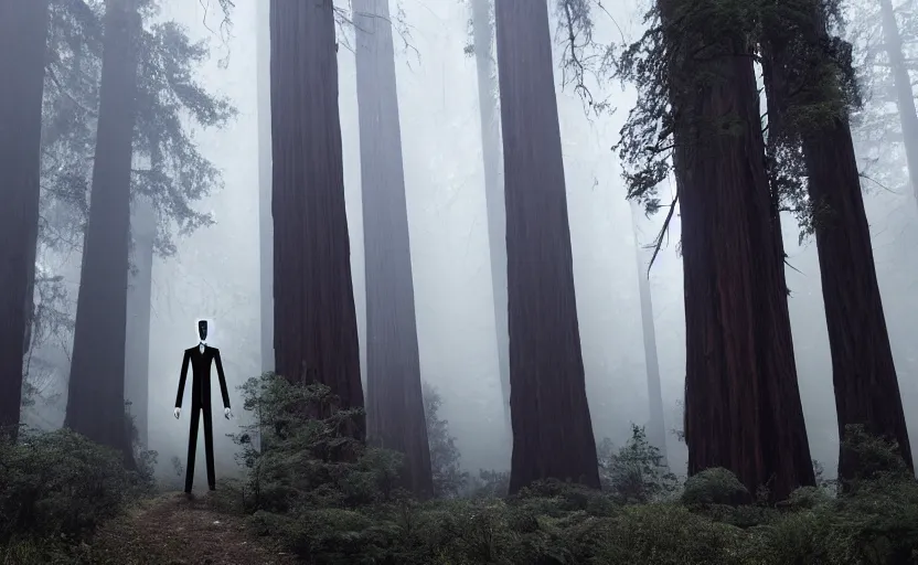 Image similar to 12 ft tall, faceless Slenderman wearing suit standing in the forest, redwood sequoia trees, ominous foggy environment, best of artstation