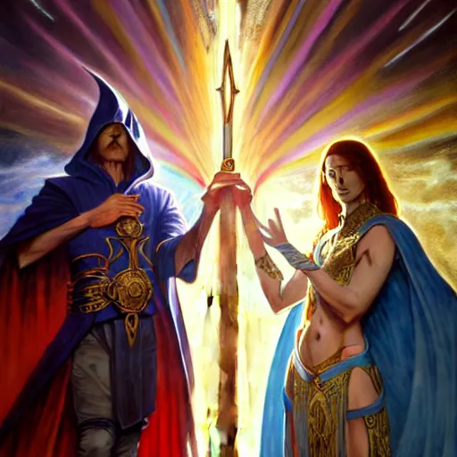 Image similar to painting of powerful stylish sorcerer and a cleric banishing the darkness and its abominations with a rainbow spell, ultra realistic, concept art, intricate details, eerie, highly detailed, photorealistic, octane render, 8 k, unreal engine. art by artgerm and greg rutkowski and magali villeneuve and alphonse mucha