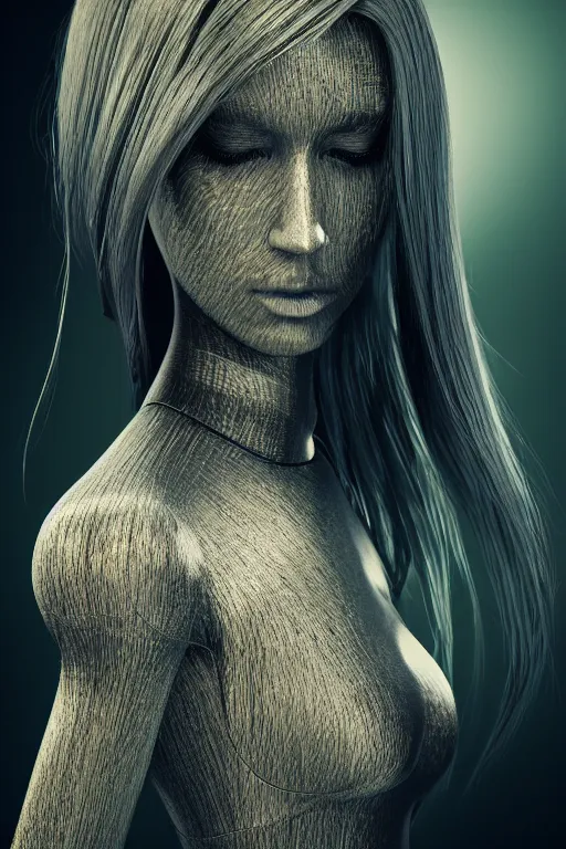 Prompt: 3 d render, abstract nature, dark color palate, sci - fi, demobaza, daily render, high fashion, blonde long haired model, ex machina