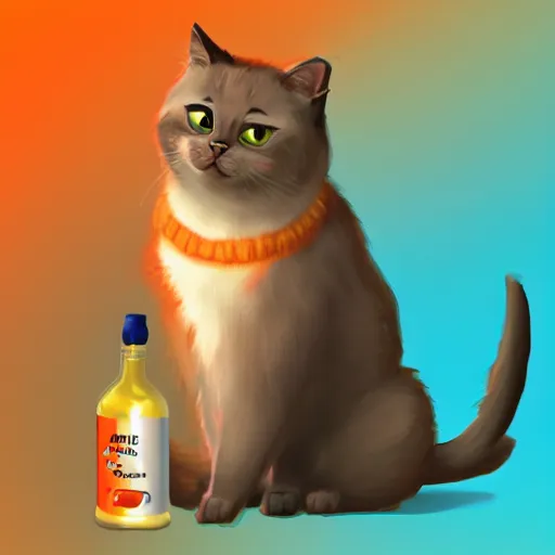 Image similar to a cat standing next to a bottle of medicine. orange cat. animal. digital art. artstation. illustration.