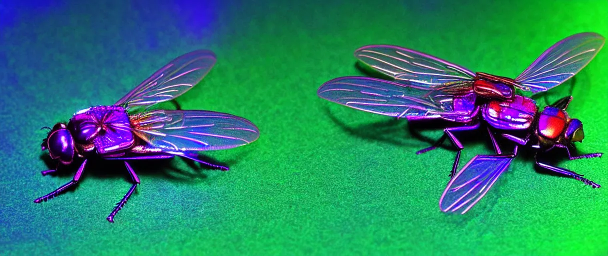 Image similar to high quality photo glowy iridescent mutant fly! jeweled very beautiful! highly detailed digital art david ligare elson peter cinematic purple neon lighting high quality low angle hd 8k sharp shallow depth of field