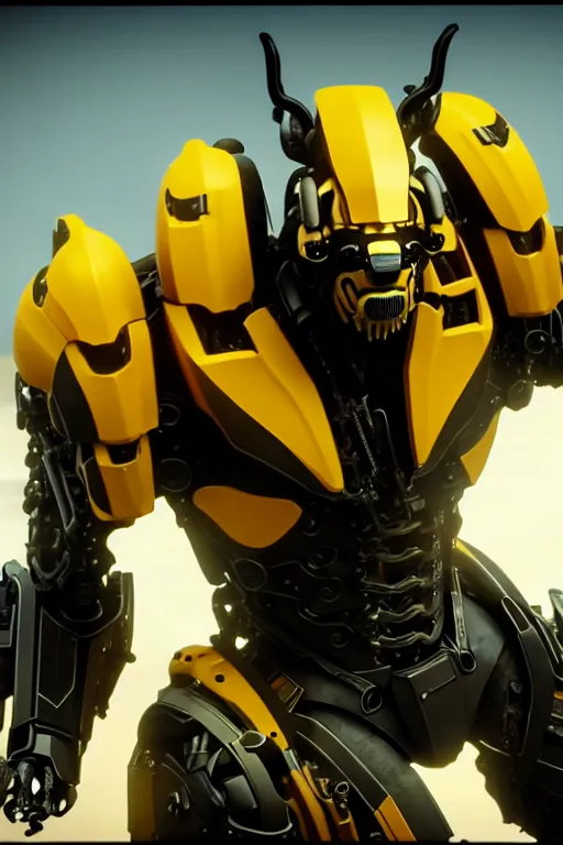 Image similar to a cinematic still from westworld, full body yellow mech bumblebee, octane render, nvidia raytracing demo, masterpiece, aged armor plating, aggressive head,