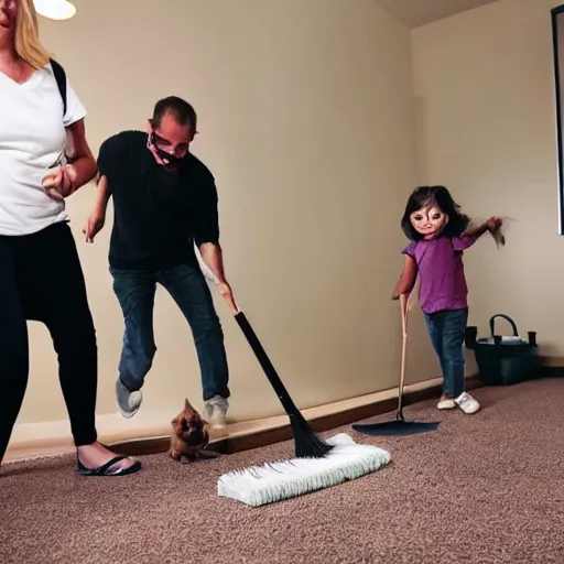 Image similar to a family chasing a bat around a room with a broom and a plastic bin.