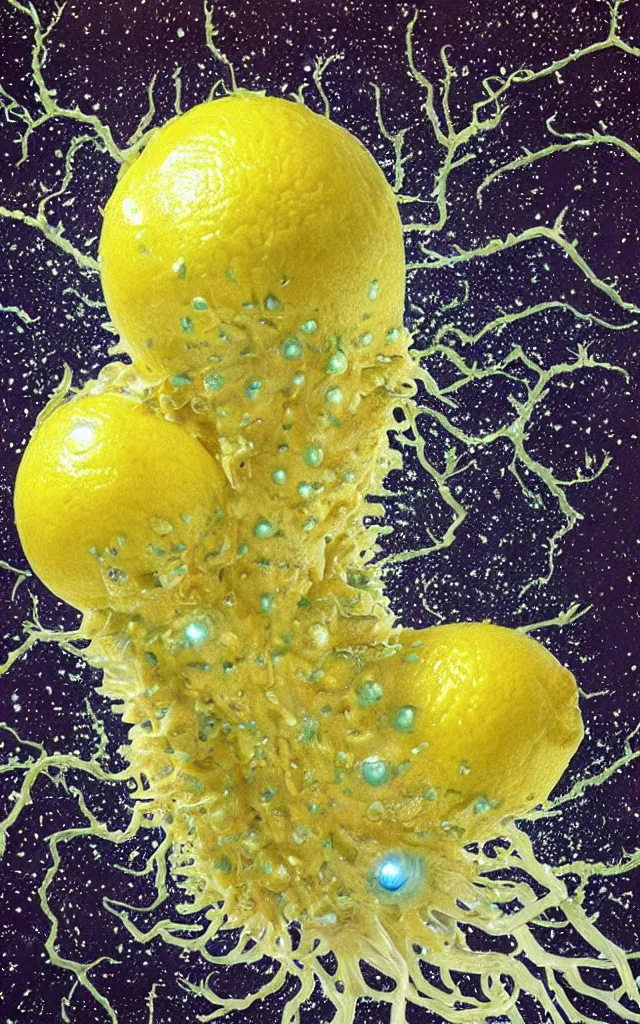 Prompt: a lemon crushed surrounded by giant airbrushed hallucigenia glimmering and drips of water, black background, airbrush fantasy 80s, masterpiece