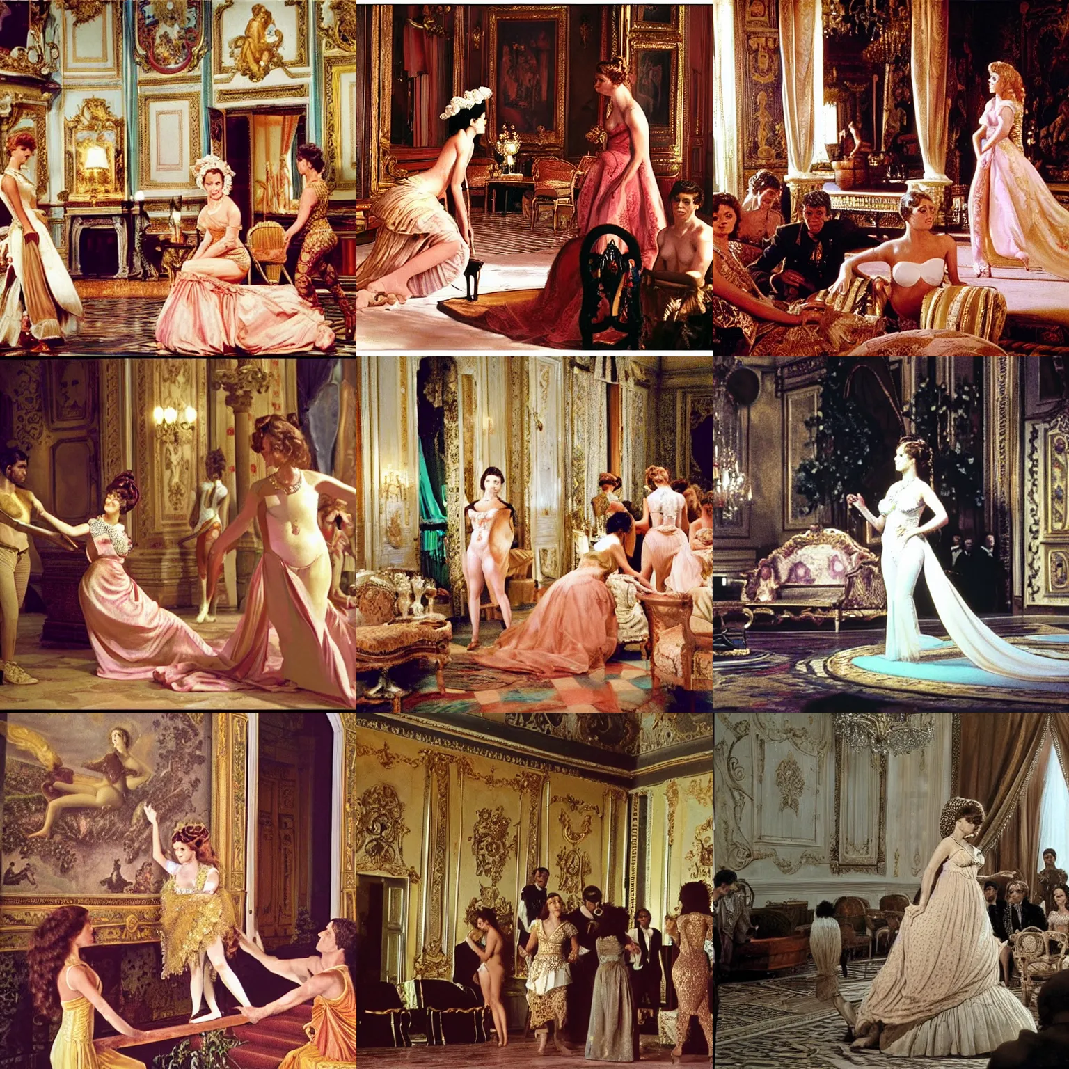 Prompt: ballroom scene from the leopard by luchino visconti with claudia cardinale dressed as venus in birth of venus set in the 1 9 th century in an italian villa. technicolor!!!!, highly intricate, 5 0 mm