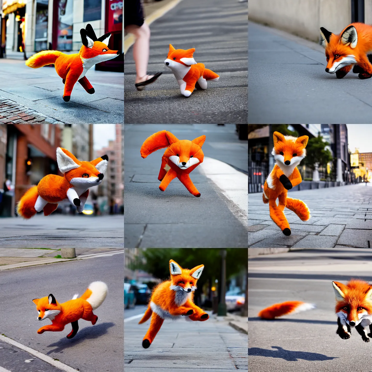 Prompt: An airborne pouncing stuffed animal fox plushie pouncing on the sidewalk, dynamic, motion blur, award winning photography