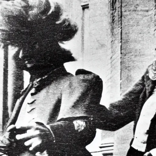 Image similar to a close - up old black and white photo, 1 9 1 3, depicting isaac newton wearing a big wig fighting gottfried leibnitz wearing a big wig in the streets of paris, rule of thirds, historical record