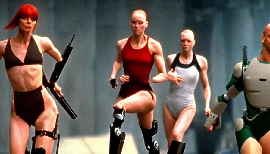 Prompt: The matrix, LeeLoo, Starship Troopers, Clarice Starling, 1960'Olympics footage, hurdlers in a race with robotic legs, intense moment, cinematic stillframe, shot by Roger Deakins, The fifth element, vintage robotics, formula 1, starring Geena Davis, clean lighting